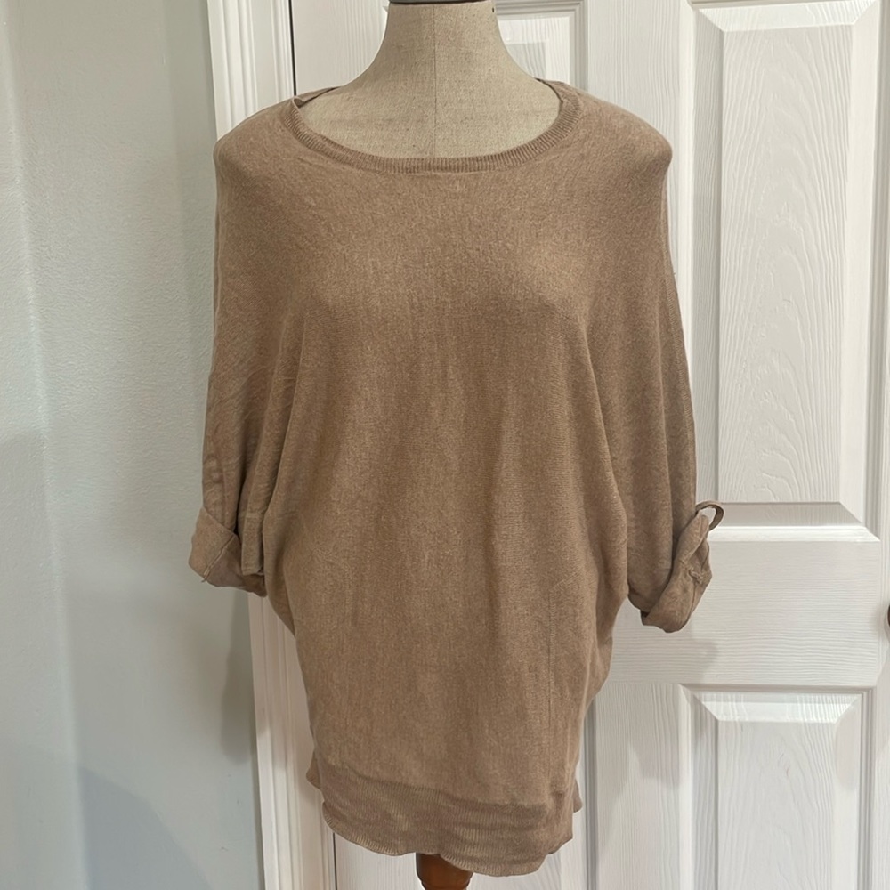 Oversize pullover sweater wool 3/4 cuffed sleeve round neck boxy beige w…